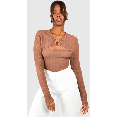 boohoo Dames Textured Ring Detail Cut Out Long Sleeve Top | Taupe | Maat: 34