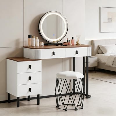 OKWISH Kaptafel - Dimbare Led Spiegel En 5 Laden - Voor Slaapkamer Of Kleedruimte - Wit Bruin - 125x40x100 Cm