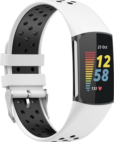 By Qubix - Compatible Fitbit bandje - Geschikt voor Fitbit Charge 5 - Fitbit Charge 6 Sportbandje met gesp - Wit / zwart - Tweekleurig - Maat: L - Horlogeband - smartwatchbandje