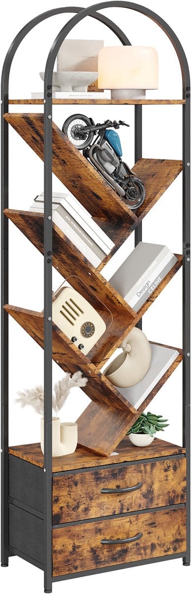 Boomvorm Boekenkast - 6 Planken Met 2 Stoffen Lades - Smalle Verticale Opbergkast Voor Slaapkamer Woonkamer - Zwart Ijzeren Frame + Vintage Houten plank + Vintage Stoffen Lade