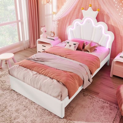 Sweiko Eenpersoonsbed - 90 x 200 cm - Crown Princess bed - LED-verlichting - 2 laden - zonder matras - wit