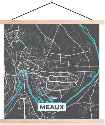 Posterhanger incl. Poster 40x40 cm - Schoolplaat - Frankrijk – Plattegrond – Kaart – Meaux – Stadskaart - Textielposter - Blanke latten - Stadskaart