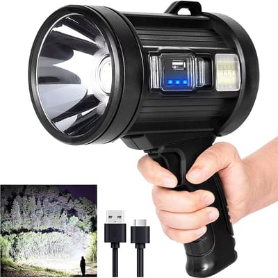 Oplaadbare Spotlight 1000000 Lumen – Draagbare Led Zaklamp Met COB Licht, Zonnepanelen Voor Kamperen, Jacht, Buitenactiviteiten en Noodverlichting