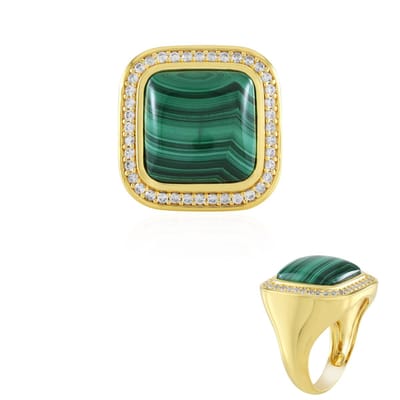 Cavill - Brede Zilveren Malachiet Ring - 925 Sterling Zilver Verguld - 9,287 ct Antieke Malachiet Cabochon - 40 Zirkonia's Pave - Luxe Damesring Groen