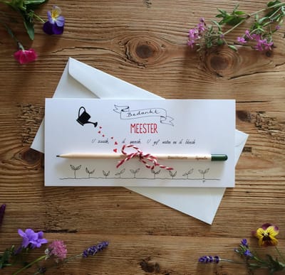 Kaart met bloeipotlood voor de meester;    meesterbedankje, meestercadeau, kado, cadeautje, school, bedankje, bedankt, afscheid, potlood, groeipotlood.