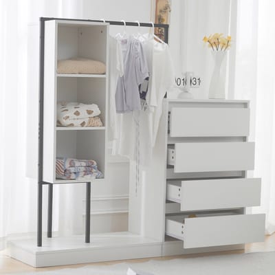 Kast - B140xD40xH135 - Ladenkast En Kledingkast Met Kledingstang - Woonkamer Of Slaapkamer - Hout - Wit