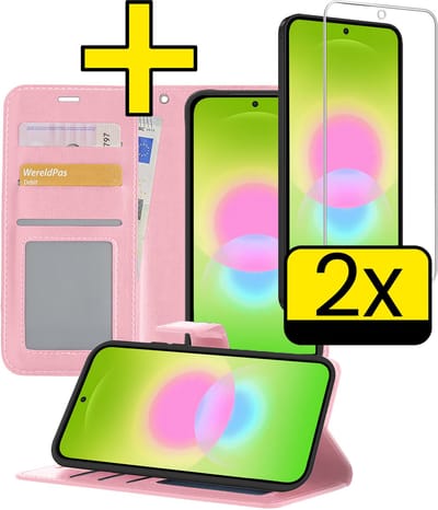 Hoesje - Met 2x Screenprotector - Geschikt voor Samsung Galaxy A27 - Luxe Pasjeshouder - Bookcase Portemonee - Flip Case - Kunstleer Book Case - Flipcase Hoes - Book Cover - Walletcase - Portemonneehoes - Telefoonhoesjes - Lichtroze