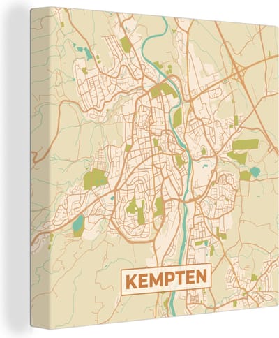 Canvas Schilderij Kempten - Plattegrond - Vintage - Kaart - Stadskaart - 20x20 cm - Wanddecoratie