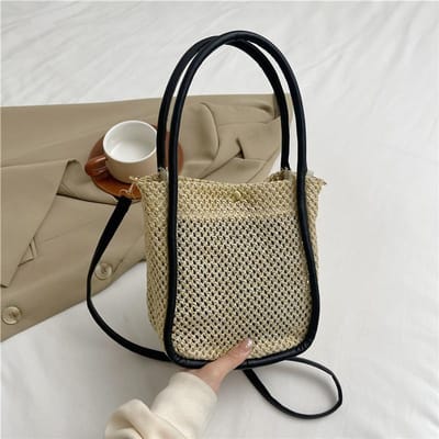 Franse Stro Geweven Tas Zomer Nieuwe Stijl Literair en Fris Handtas Casual Éénschouder Crossbody Emmer Tas black