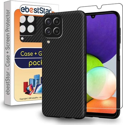 ebestStar - Hoes geschikt voor Samsung Galaxy A22, Hoogwaardig Zacht TPU Bescherming, Koolstof Design Hoesje, Zwart + Gehard Glas