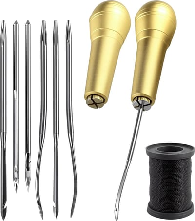 2 stuks Koperen Handgrepen met 6 Naalden, Handnaaien Schoenreparatie Kit, Schoenmakers Gereedschap voor Leder Reparatie en Onderhoud