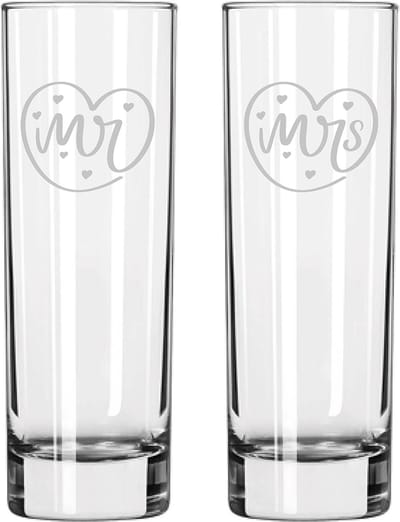 Gegraveerde set longdrinkglazen 22cl Mr. In hartje - Mrs. In hartje