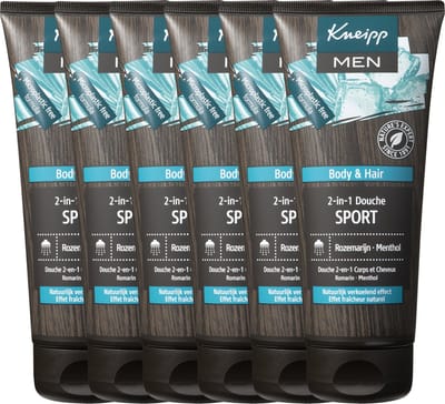 Kneipp Men - 2-in-1 Douchegel Shampoo - Sport - Menthol Rozemarijn - Verkoelend - Vegan - Grootverpakking - Voordeelverpakking - 6 x 200 ml