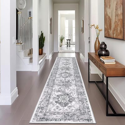Wasbaar vloerkleed, voor hal, 60 x 240 cm, grijs, extra lange gangloper, smalle tapijten, zacht, traditioneel vintage, laagpolig, lang vloerkleed, voor entree, slaapkamer, badkamer
