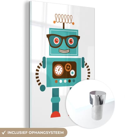 MuchoWow® Glasschilderij 120x180 cm - Schilderij acrylglas - Robot - Bril - Tandwielen - Gezicht - Jongens - Kids - Foto op glas - Schilderijen