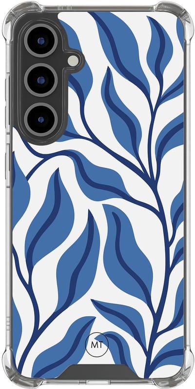 Hoesje (shockproof) geschikt voor Samsung Galaxy S24 FE - Blue leaves - Extra sterke case - TPU/polycarbonaat - Print - Blauw, Transparant