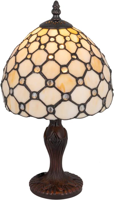 Tiffany tafellamp ruitpatroon - Crème-warmgeel - Ø 20 cm - Glas in lood - Warm licht - Glasjuweeltjes | RORUVERA