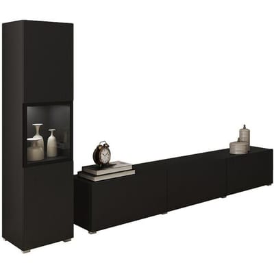 Woonwand voor de woonkamer, hangend en staand, 2 delig, TV meubel 180 cm en vitrinekast, corpus en fronten zwart mat