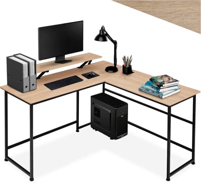 tectake® L-vormig bureau - Computerbureau met verplaatsbaar monitor opzetstuk - Bureautafel van hout en metaal - Industrieel design - Zwart metalen frame - Draagkracht bureaublad 150 kg per plank 50 kg - Afmetingen (LxBxH) 140x130x76,5 - Lichtbruin