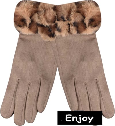 Handschoenen taupe- dames- suède look -touchscreen -nep bont luipaard