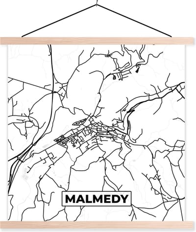 Posterhanger incl. Poster 40x40 cm - Schoolplaat - Zwart Wit – België – Plattegrond – Stadskaart – Kaart – Malmedy - Textielposter - Blanke latten - Stadskaart