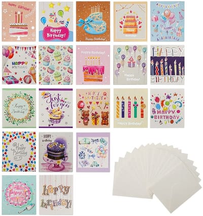 Dailygoods- Verjaardagskaart set 20-delig - Kleine Wenskaarten - Met Envelop - Geschikt voor Mannen/Vrouwen/Kinderen - 14 x 8,2 cm - Diverse Patronen - Wenskaart
