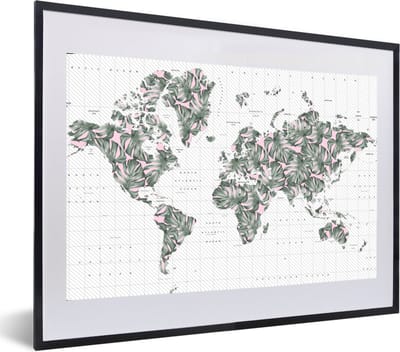 Poster in lijst - Fotolijst 60x40 cm - Posters - Wereldkaart - Planten - Roze - Posterlijst zwart - Decoratie - Wanddecoratie woonkamer - Muurdecoratie slaapkamer