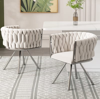DESMIU Eetkamerstoel 59 x 54 x 72 cm - Set Van 2 Draaibare Kuipstoelen Met Armleuningen - Voor Eetkamer En Woonkamer - Velvet Beige En Zilver