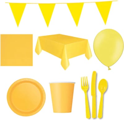 Feestpakket bestek 204-delig (24 personen) - Feest bestek Geel - 2x Tafelkleed Feest - 40 Kartonnen bordjes - 72x bestek - 20 ballonnen - 1 Vlaglijn groot - 1 Vlaggenlijn klein - 28x Bekers karton wegwerp - 40x Papieren Servetten - Geel