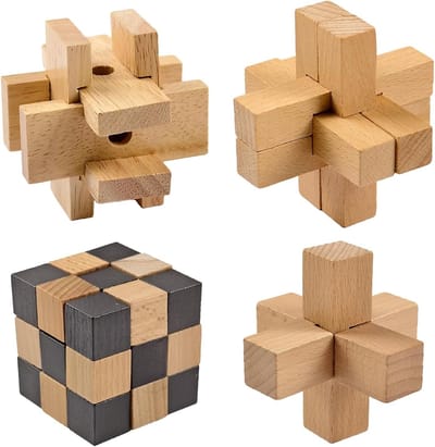Houten Puzzelspellen Set met 4 Stuks, IQ Spellen, 3D Mini Puzzels, Denkspel voor Jong en Oud, Perfect Cadeau voor Puzzel liefhebbers, 7.5 cm
