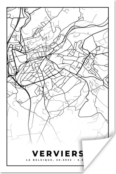Poster België – Verviers – Stadskaart – Kaart – Zwart Wit – Plattegrond - 120x180 cm XXL