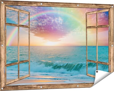 Gards Tuinposter Doorkijk Regenboog in het Water bij het Strand - 120x80 cm - Tuindoek - Tuindecoratie - Wanddecoratie buiten - Tuinschilderij