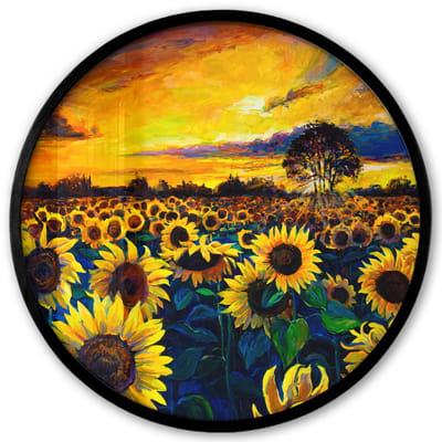 Poster in lijst Rond - Fotolijst 40x40 cm - Posters - Schilderij - Olieverf - Bloemen - Zonnebloem - Ronde posterlijst zwart - Decoratie - Wanddecoratie woonkamer - Muurdecoratie slaapkamer