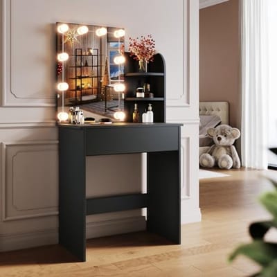 Make-uptafel met ledverlichting en HD-spiegel, 10 instelbare helderheid, 3 kleuren, kaptafel met laden en 3 open vakken, zwart, 70 x 40 x 140 cm