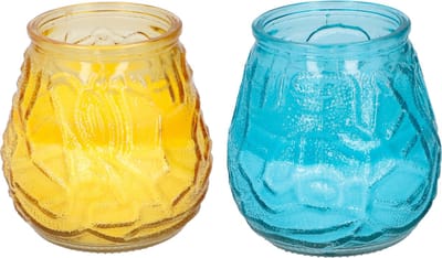 Arti Casa 4x stuks Citronella Lowboy tafelkaarsen 10 cm geel en blauw glas