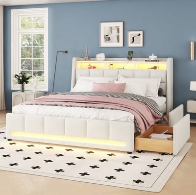 MEUNIQ gestoffeerd bed 140 x 200 cm met LED-verlichting via app, USB en stopcontact, opbergvak in hoofdbord en 2 lades voor slaapkamer, beige