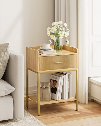 Famanu – Moderne bijzettafel voor kleine ruimtes met lade en open plank, eiken, 42 x 30 x 60 cm