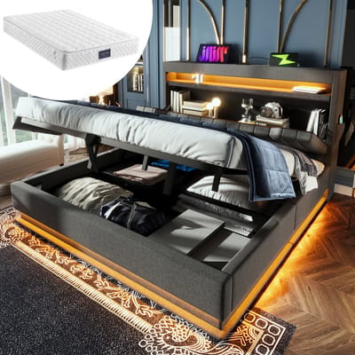 DESMIU Gestoffeerd Bed 140x200cm Met Matras – Bed Met Ledverlichting, Oplaadfunctie En Opbergruimte – Slaapkamer – Linnen – Grijs