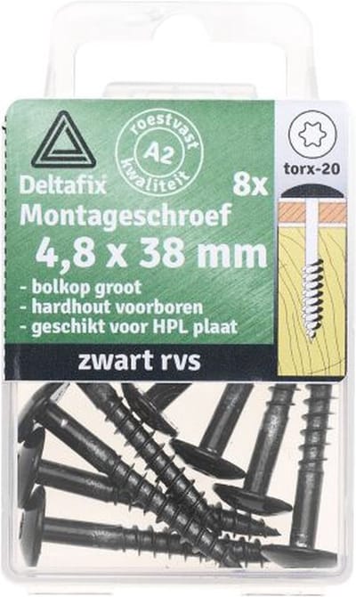 Deltafix montageschroeven 4,8 x 38 mm - RVS - zwart - 8 stuks