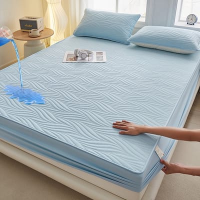 Matrashoes + 2 kussenslopen, TPU-laag voor waterdicht en ademend gebruik, geschikt voor matrassen tot 28 cm dik,Wolken—Lichtblauw,180*220cm+kussensloop 48*74cm