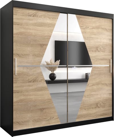 InspireMe - Kledingkast met 2 schuifdeuren, Modern-stijl, Een kledingkast met planken en een spiegel (BxHxD): 200x200x62 - BOLA 200 Zwart Mat + Sonoma Eik