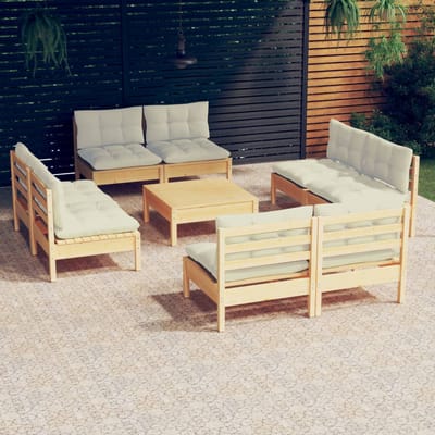 vidaXL - 9-delige - Loungeset - met - crèmekleurige - kussens - grenenhout