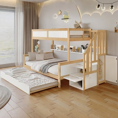 Stapelbedden - 90x200 & 90x190 & 120x200cm - Multifunctioneel Etagenbed Met Rollbed, Kleiderschrank, Ecktreppe - Veiligheidshek - Kiefer + MDF - Wit/Natuurlijk