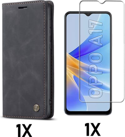 Casemania Hoesje Geschikt voor Oppo A17 Charcoal Gray & Glazen Screenprotector - Portemonnee Book Case