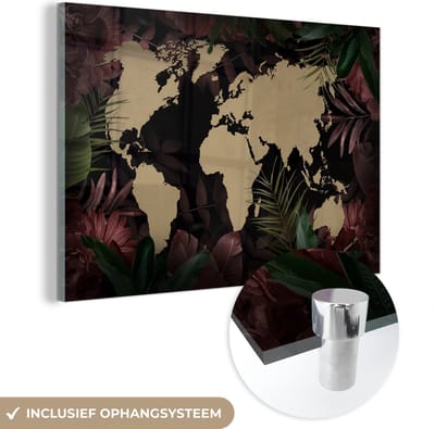 ® Glasschilderij 180x120 cm - Schilderij acrylglas - Wereldkaart - Tropische planten - Bruin - Foto op glas - Muurdecoratie woonkamer - Wanddecoratie slaapkamer - Schilderijen