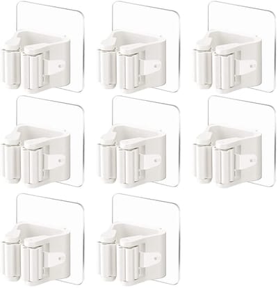 Dailygoody - Bezemhouder - Wandmontage - Zelfklevend - Wit - Dweilhouder - 8 stuks - Geschikt voor garage, keuken, tuin en badkamer