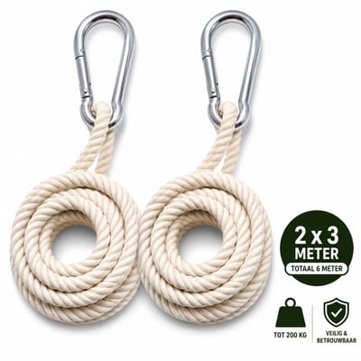 Hangmat Bevestigingsset - 2x 3 Meter Touw & 2 Karabijnhaken - Universele Hangmat Ophangset - Hangmat Accessoires - Totale Lengte 6 Meter