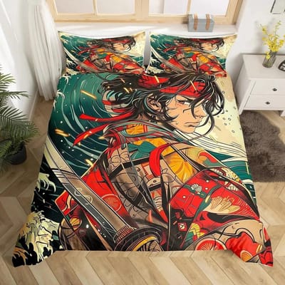 Japanse Samurai Beddengoed Set Queen King Size Kersengebladeren Rode Zon Hokusai Dekbedovertrek Fuji Berg Dekbed Dekbedovertrek AU Single(140*210cm)3pcs