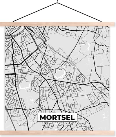 Posterhanger incl. Poster 40x40 cm - Schoolplaat - Stadskaart – Zwart Wit - Kaart – Mortsel – België – Plattegrond - Textielposter - Blanke latten - Stadskaart