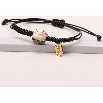 Bracelet Chat Porte-Bonheur en Céramique et Fil Ciré Tissé à la Main, Bracelet Cordelette Réglable Chat Mignon noir